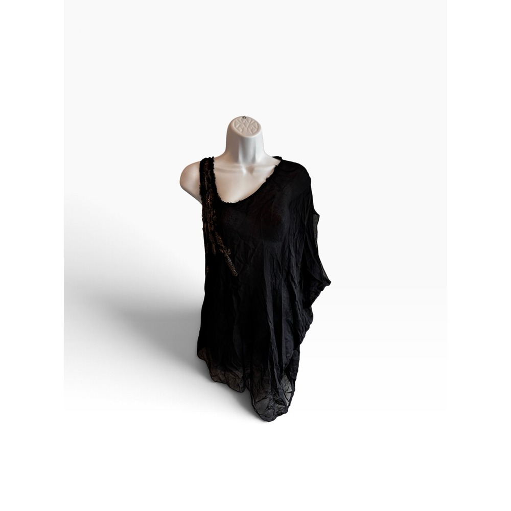 Helmut Lang Silk OS One Shoulder Top Black Sequin Embellished Asymmetric Draped